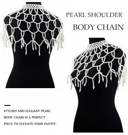 Pearls Body Chain Shawl Necklace Pearl Bra Shoulder Chain Top Beaded Backless Chest Chains Rave Outfit for Women Sexy Festiva...