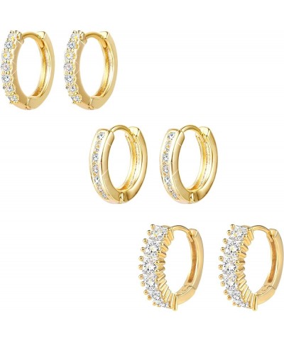 3 Pairs Small Huggie Hoop Zirconia Earrings Set 14K Gold Hypoallergenic Lightweight Huggie Hoops Earrings for Women Girls A-1...