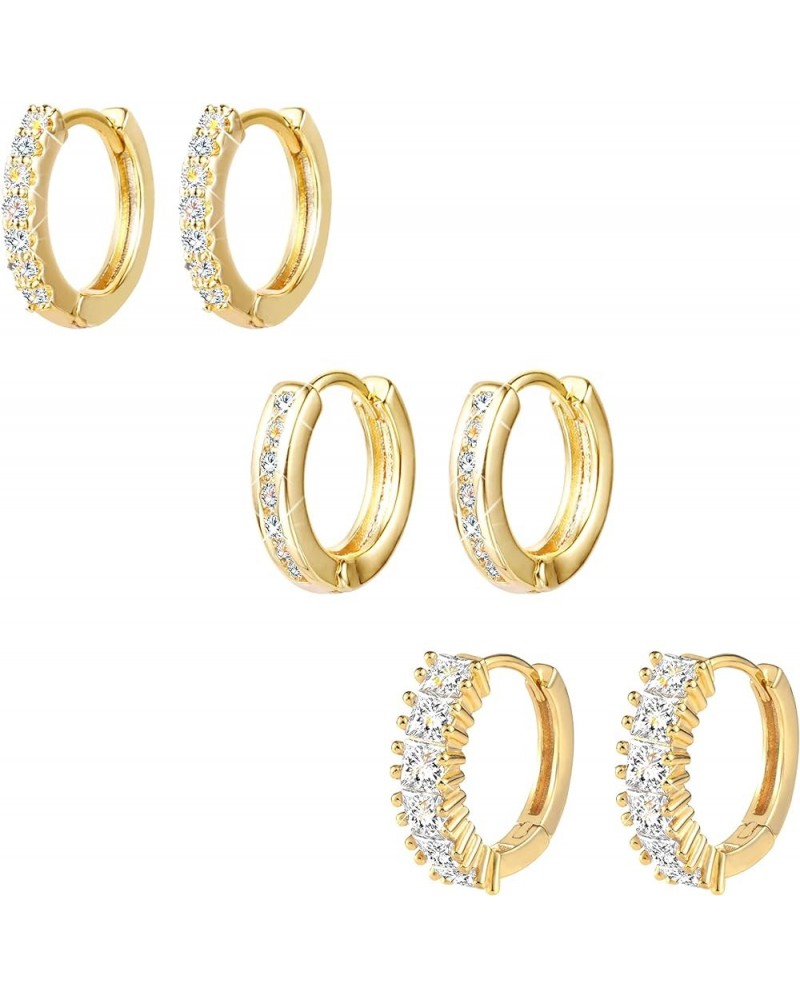 3 Pairs Small Huggie Hoop Zirconia Earrings Set 14K Gold Hypoallergenic Lightweight Huggie Hoops Earrings for Women Girls A-1...