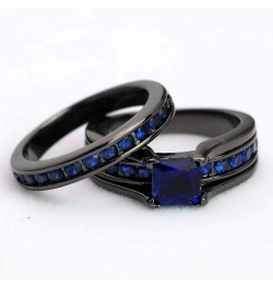 TWO RINGS His Hers Wedding Ring Sets Couples Rings Women's Black Gold Plated Blue Sapphire CZ Wedding Engagement Ring Bridal ...