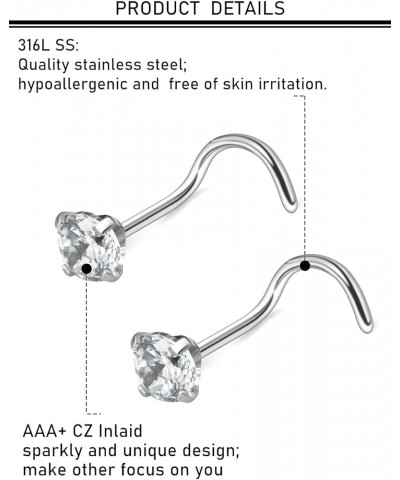 22G 20G 18G Nose Rings Studs Hypoallergenic 316L Surgical Steel L Shaped Screw Nose Rings Cubic Zirconia AAAA+ Silver Nostril...