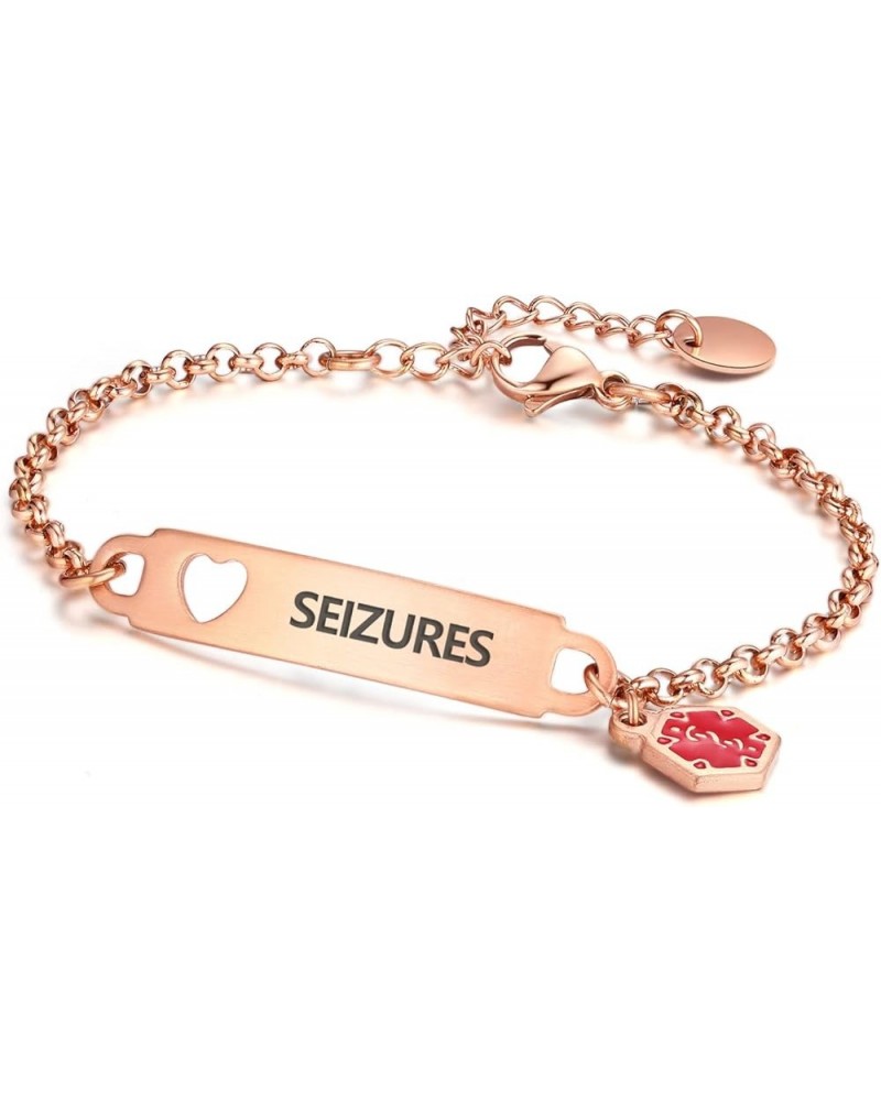 Pre-Engraved Simple Rolo Chain Medical Alert id Bracelet for Women PVD Rose Gold seizures $14.99 Bracelets