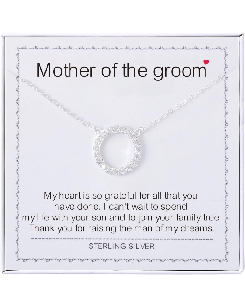 Mother of the Groom Necklace - Sterling Silver Simple Circle Necklace Bezel Pendant Sparkly Cubic Zirconia Halo Necklaces for...