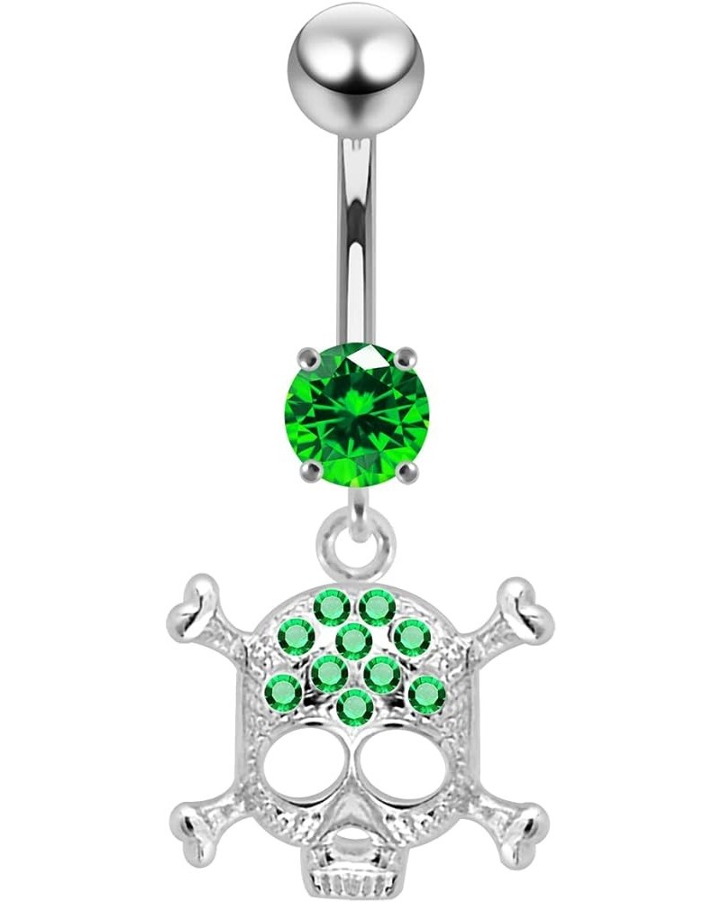 Fancy Danger Skull Dangling 925 Sterling Silver with Stainless Steel Belly Button Navel Rings Dark Green $14.36 Body Jewelry