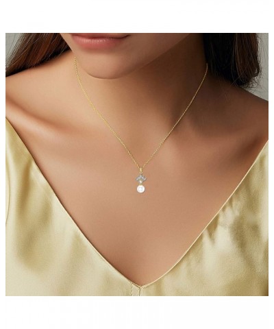 14K Gold Pearl Necklace for Women, Real Yellow Gold 0.35 inch Pearl Pendant Necklace with Cubic Zirconia, for Girls Ladies Mo...