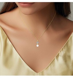 14K Gold Pearl Necklace for Women, Real Yellow Gold 0.35 inch Pearl Pendant Necklace with Cubic Zirconia, for Girls Ladies Mo...