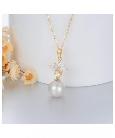 14K Gold Pearl Necklace for Women, Real Yellow Gold 0.35 inch Pearl Pendant Necklace with Cubic Zirconia, for Girls Ladies Mo...