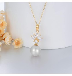 14K Gold Pearl Necklace for Women, Real Yellow Gold 0.35 inch Pearl Pendant Necklace with Cubic Zirconia, for Girls Ladies Mo...