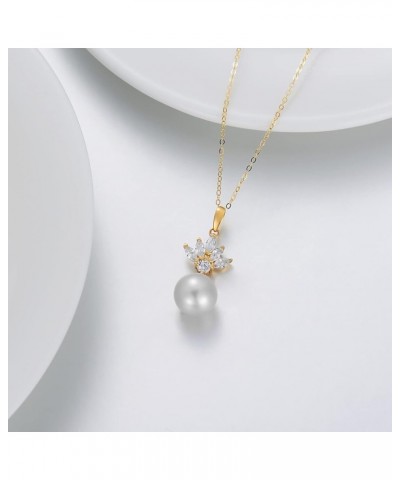 14K Gold Pearl Necklace for Women, Real Yellow Gold 0.35 inch Pearl Pendant Necklace with Cubic Zirconia, for Girls Ladies Mo...