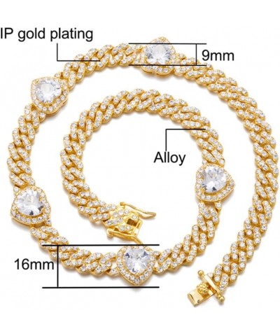 9mm Miami Prong Cuban Link Chain Iced Out Paved Heart Shape Rhinestones CZ Bling Rapper Necklace Bracelet For Women Girls Gol...