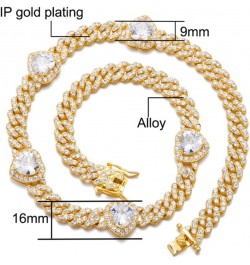 9mm Miami Prong Cuban Link Chain Iced Out Paved Heart Shape Rhinestones CZ Bling Rapper Necklace Bracelet For Women Girls Gol...