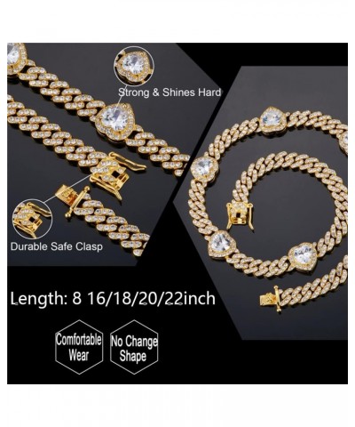 9mm Miami Prong Cuban Link Chain Iced Out Paved Heart Shape Rhinestones CZ Bling Rapper Necklace Bracelet For Women Girls Gol...