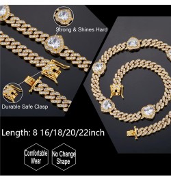 9mm Miami Prong Cuban Link Chain Iced Out Paved Heart Shape Rhinestones CZ Bling Rapper Necklace Bracelet For Women Girls Gol...