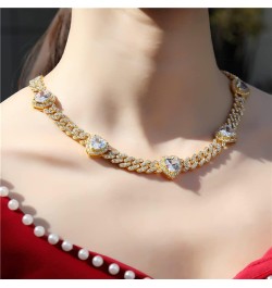 9mm Miami Prong Cuban Link Chain Iced Out Paved Heart Shape Rhinestones CZ Bling Rapper Necklace Bracelet For Women Girls Gol...