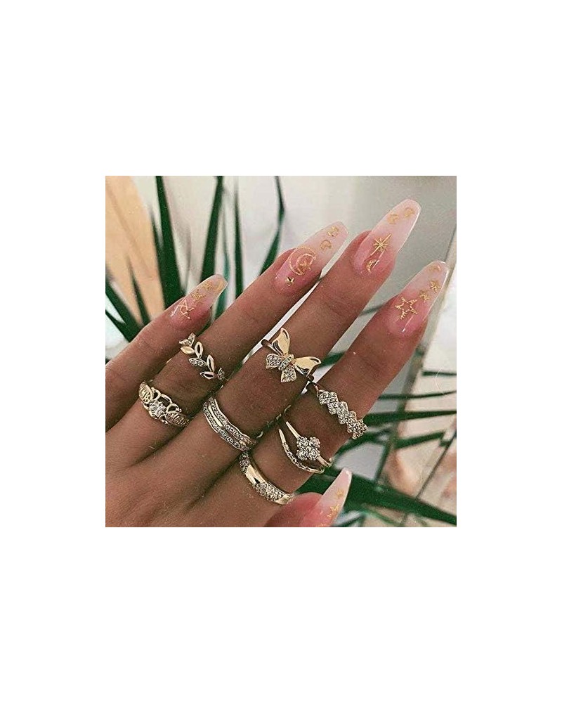 7 PCS Vintage Gold Butterfly Ring Set Rhinestone Crystal Rings Set Leaf Rings Set Joint Knuckle Ring Set Finger Rings Stackab...