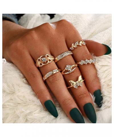 7 PCS Vintage Gold Butterfly Ring Set Rhinestone Crystal Rings Set Leaf Rings Set Joint Knuckle Ring Set Finger Rings Stackab...