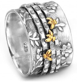 Bee Spinner ring for Women 925 Sterling Silver and Brass Flower Fidget Rings Band $26.21 Rings