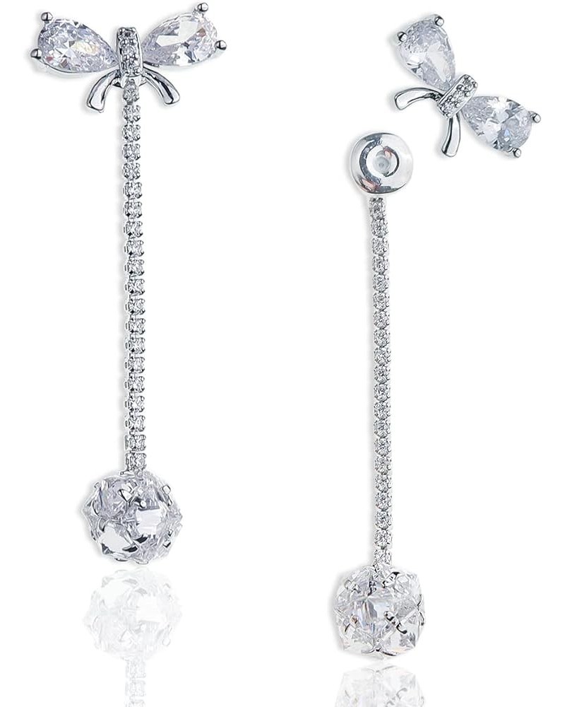 Small Rhinestone Bow Earrings Stud for Women - Sparkly Cubic Zirconia Chain Crystal Ball Drop Dangle Jewelry Gift Silver $7.9...