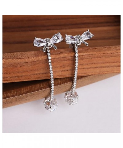 Small Rhinestone Bow Earrings Stud for Women - Sparkly Cubic Zirconia Chain Crystal Ball Drop Dangle Jewelry Gift Silver $7.9...