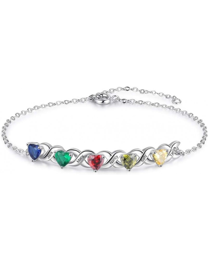 Personalized Heart Link Bracelet for Women Custom 2-7 Names Bracelets with Simulated Birthstones Adjustable Family Bracelets ...