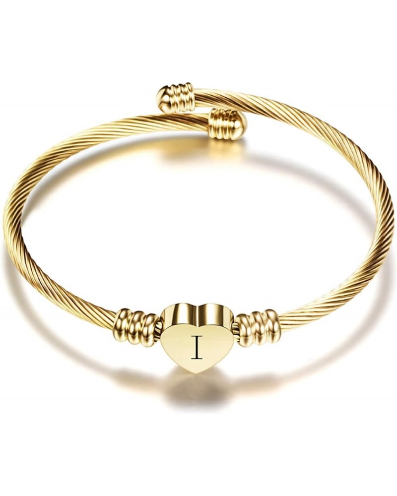 Women Girls Gold Plated Heart Initial A-Z Letter Cuff Bracelets Expandable Stainless Steel Birthday Jewelry I $5.94 Bracelets