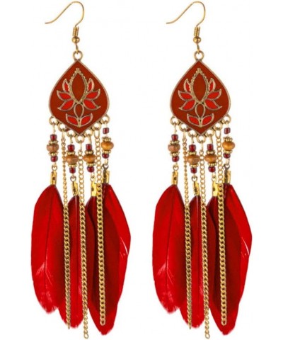 Earrings for Women Mom Boho Women Rhombus Beaded Feather Tassel Long Dangle Earrings Party Jewelry Statement Jewelry Red $3.3...