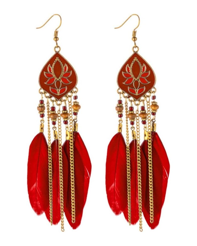 Earrings for Women Mom Boho Women Rhombus Beaded Feather Tassel Long Dangle Earrings Party Jewelry Statement Jewelry Red $3.3...