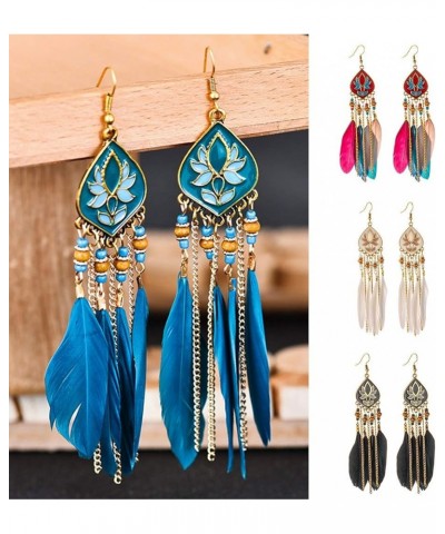 Earrings for Women Mom Boho Women Rhombus Beaded Feather Tassel Long Dangle Earrings Party Jewelry Statement Jewelry Red $3.3...