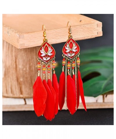 Earrings for Women Mom Boho Women Rhombus Beaded Feather Tassel Long Dangle Earrings Party Jewelry Statement Jewelry Red $3.3...