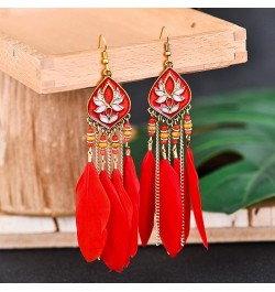 Earrings for Women Mom Boho Women Rhombus Beaded Feather Tassel Long Dangle Earrings Party Jewelry Statement Jewelry Red $3.3...