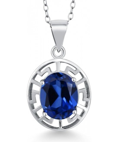 925 Sterling Silver Gemstone Birthstone Greek Key Pendant Necklace For Women | Oval 10X8MM | With 18 Inch Silver Chain Blue S...