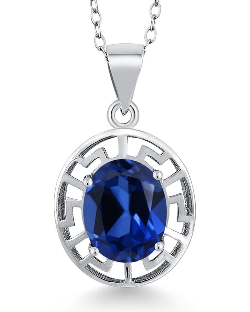 925 Sterling Silver Gemstone Birthstone Greek Key Pendant Necklace For Women | Oval 10X8MM | With 18 Inch Silver Chain Blue S...