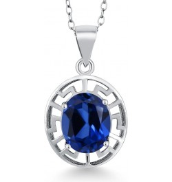 925 Sterling Silver Gemstone Birthstone Greek Key Pendant Necklace For Women | Oval 10X8MM | With 18 Inch Silver Chain Blue S...