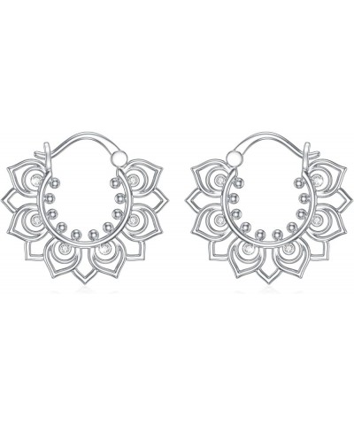 925 Sterling Silver Lotus/Rose/Filigree Floral Hoop Earrings Petal Snap Hook Closure Balinese Tribal Boho Hoop Earrings For W...