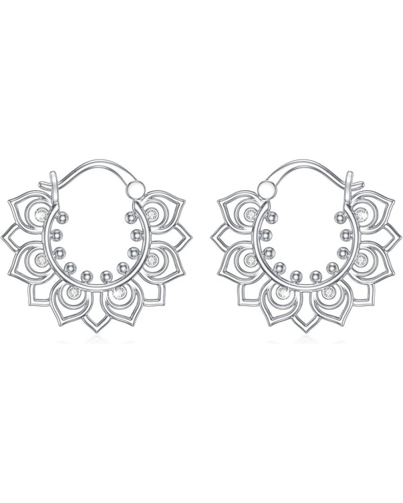 925 Sterling Silver Lotus/Rose/Filigree Floral Hoop Earrings Petal Snap Hook Closure Balinese Tribal Boho Hoop Earrings For W...