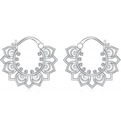 925 Sterling Silver Lotus/Rose/Filigree Floral Hoop Earrings Petal Snap Hook Closure Balinese Tribal Boho Hoop Earrings For W...