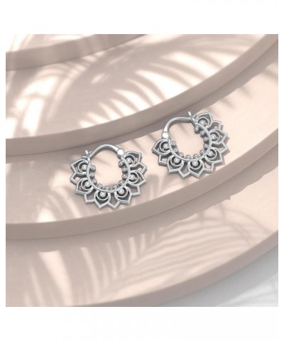 925 Sterling Silver Lotus/Rose/Filigree Floral Hoop Earrings Petal Snap Hook Closure Balinese Tribal Boho Hoop Earrings For W...