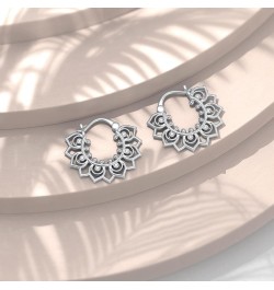 925 Sterling Silver Lotus/Rose/Filigree Floral Hoop Earrings Petal Snap Hook Closure Balinese Tribal Boho Hoop Earrings For W...