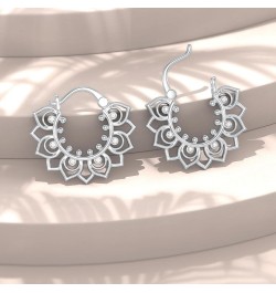 925 Sterling Silver Lotus/Rose/Filigree Floral Hoop Earrings Petal Snap Hook Closure Balinese Tribal Boho Hoop Earrings For W...