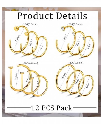 G23 Titanium Nose Rings Hoops for Sensitive Skin 20g Pure Titanium Hoop Nose Rings for Women Men D-Shaped 12Pcs Thin Nose Hoo...