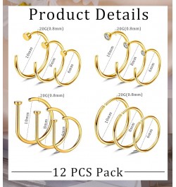 G23 Titanium Nose Rings Hoops for Sensitive Skin 20g Pure Titanium Hoop Nose Rings for Women Men D-Shaped 12Pcs Thin Nose Hoo...