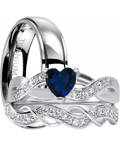 His and Hers 3 Piece Trio Sterling Silver Titanium Blue Wedding Band Engagement Ring Set Her 9 - His 9 $39.90 Sets