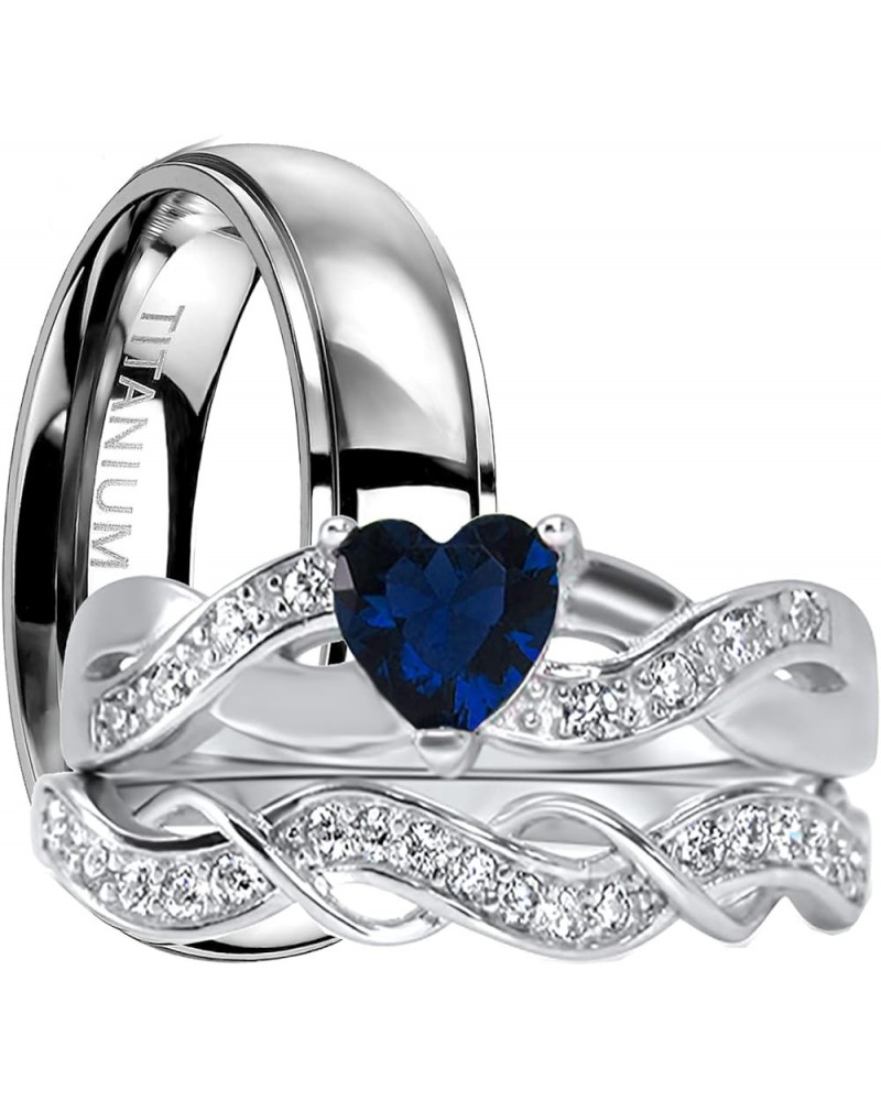 His and Hers 3 Piece Trio Sterling Silver Titanium Blue Wedding Band Engagement Ring Set Her 9 - His 9 $39.90 Sets