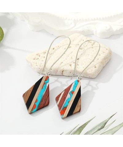 Retro Wooden Resin Geometric Bar Drop Dangle Earrings Two Tone Handmade Natural Wood for Women Girls Lightweight Bohemian Sta...