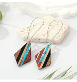 Retro Wooden Resin Geometric Bar Drop Dangle Earrings Two Tone Handmade Natural Wood for Women Girls Lightweight Bohemian Sta...