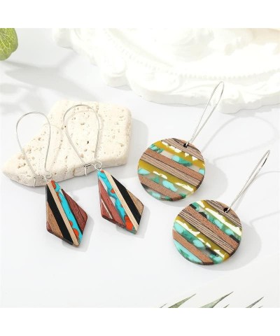 Retro Wooden Resin Geometric Bar Drop Dangle Earrings Two Tone Handmade Natural Wood for Women Girls Lightweight Bohemian Sta...