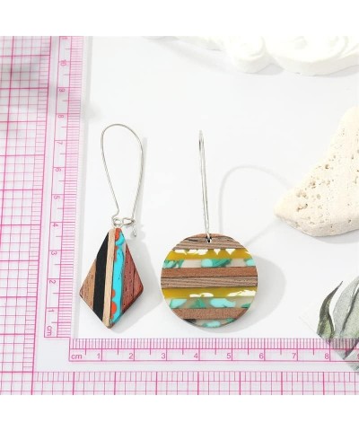 Retro Wooden Resin Geometric Bar Drop Dangle Earrings Two Tone Handmade Natural Wood for Women Girls Lightweight Bohemian Sta...