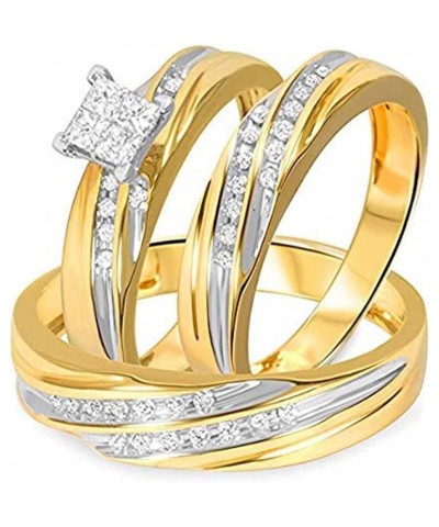 Princess D/VVS1 Diamond 14K Two-Tone Gold Plated 925 Sterling Silver Bridal Wedding Trio Ring Set for Him & Her Women Size 6....