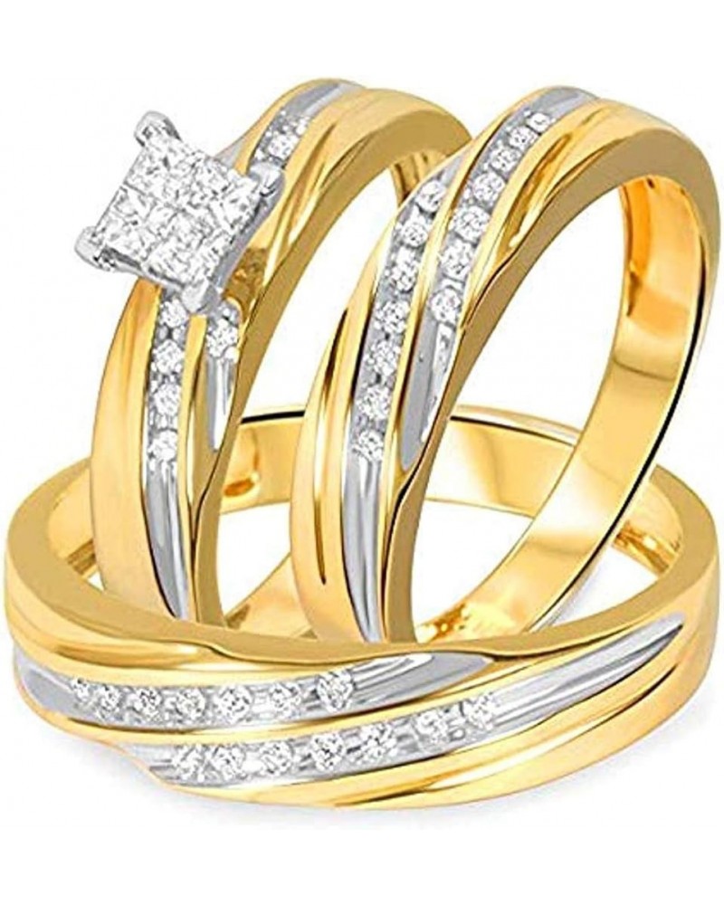 Princess D/VVS1 Diamond 14K Two-Tone Gold Plated 925 Sterling Silver Bridal Wedding Trio Ring Set for Him & Her Women Size 6....