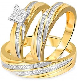 Princess D/VVS1 Diamond 14K Two-Tone Gold Plated 925 Sterling Silver Bridal Wedding Trio Ring Set for Him & Her Women Size 6....